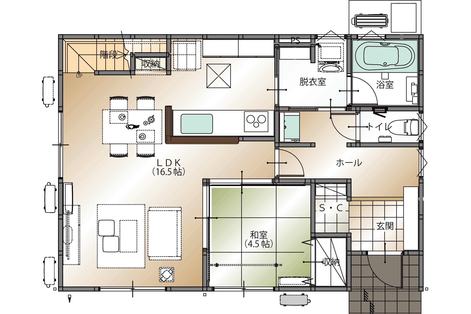 山梨県南アルプス市野牛島H4号棟の1階平面図