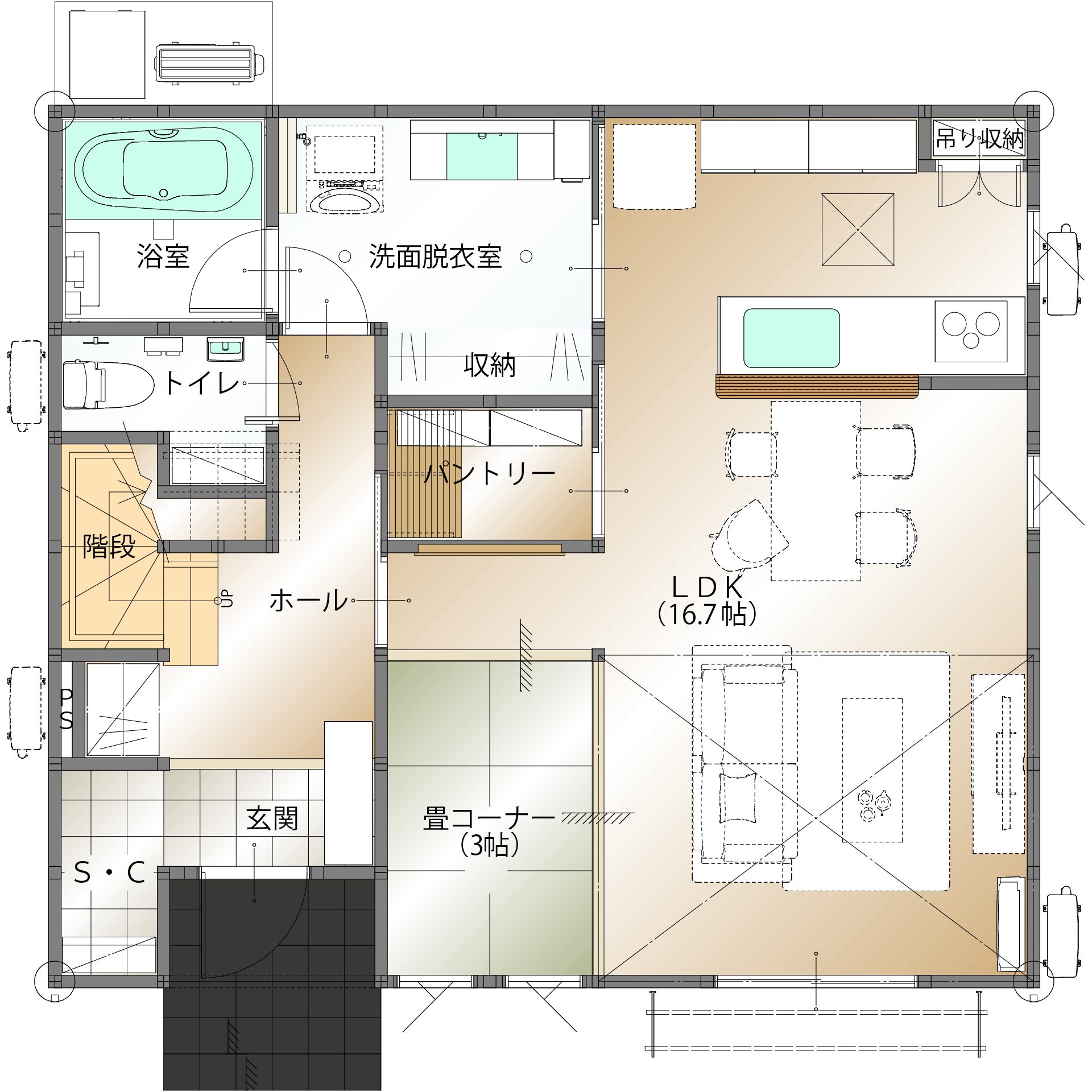 山梨県甲府市里吉F 7号棟（建売住宅）の1階平面図