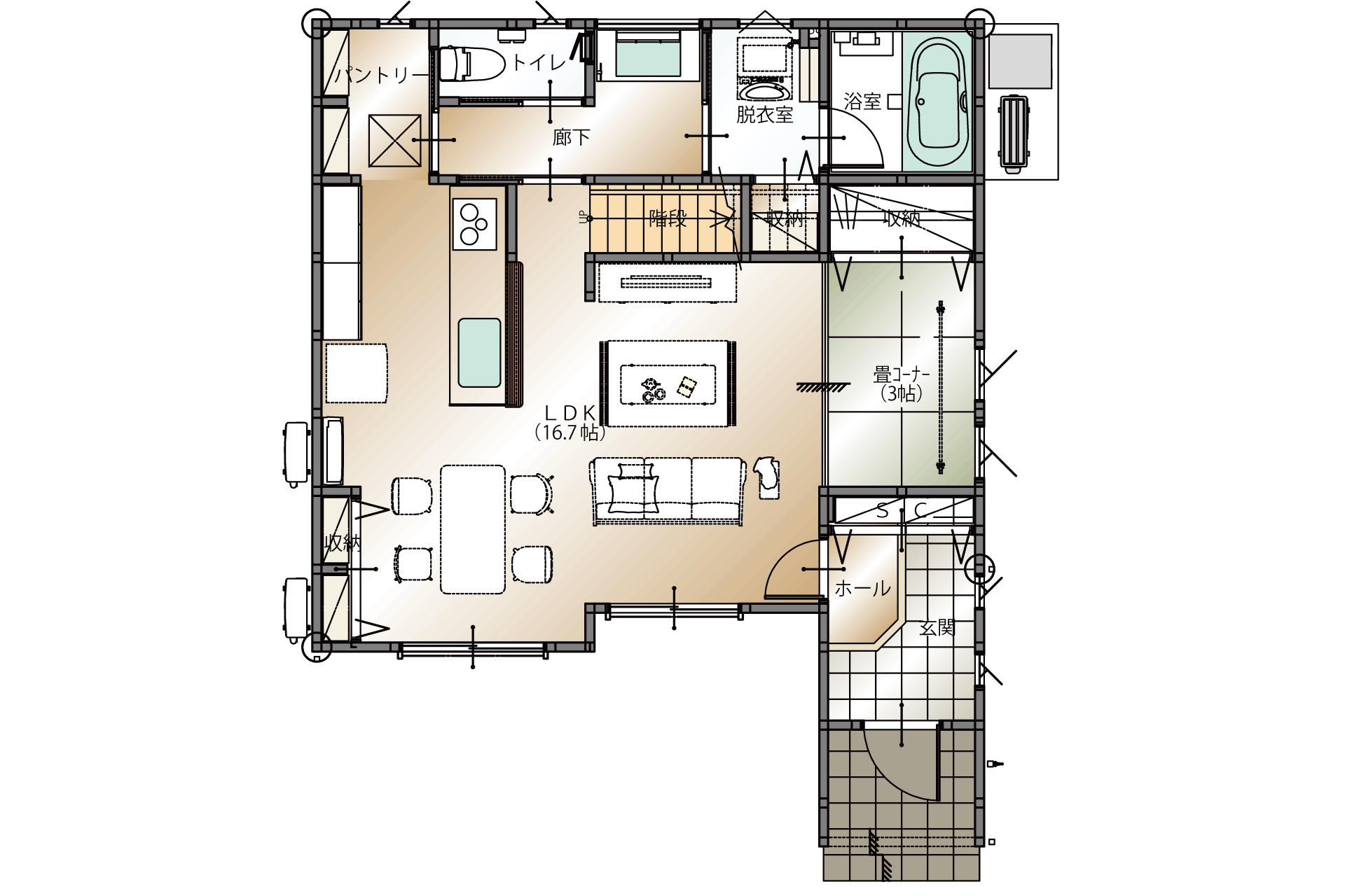 山梨県笛吹市石和町中川A2号棟（建売住宅）の1階平面図