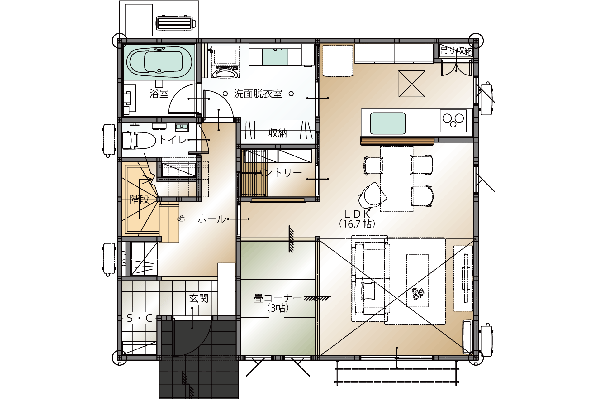山梨県甲府市里吉F7号棟（新築建売住宅）の1階平面図