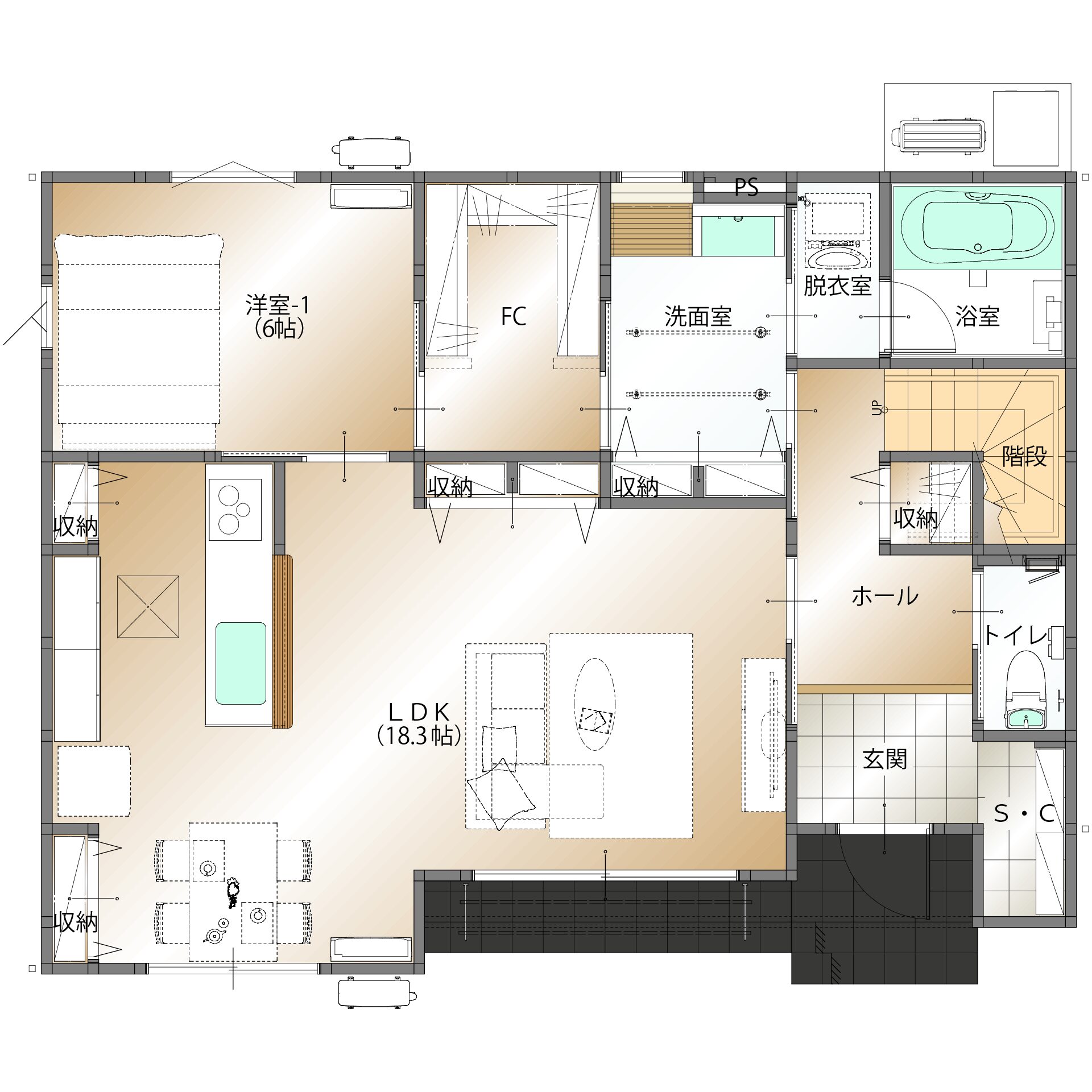 山梨県甲府市増坪町D 10号棟（建売住宅）の1階平面図