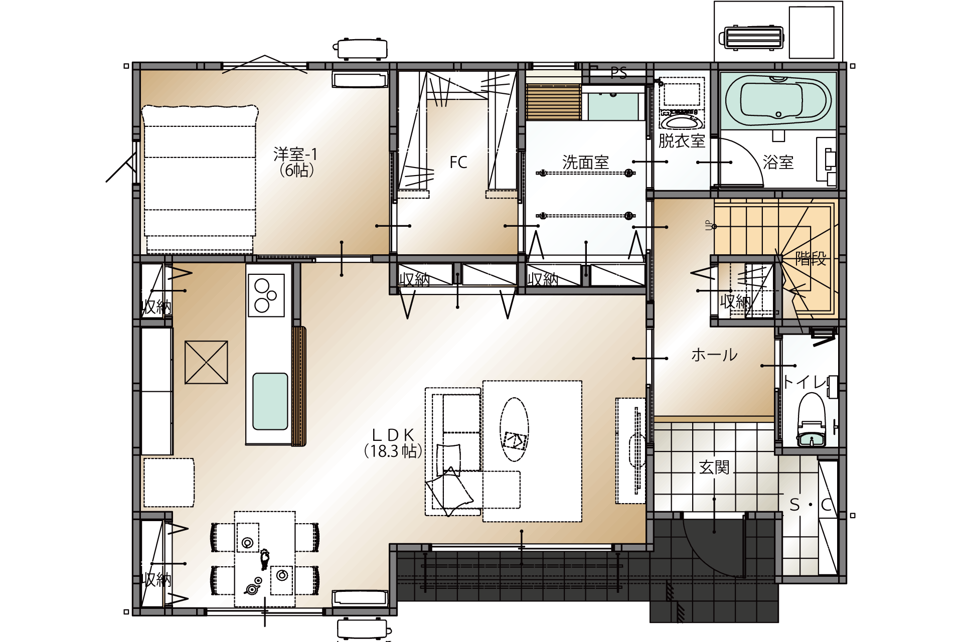 山梨県甲府市増坪町D1号棟（建売住宅）の1階平面図
