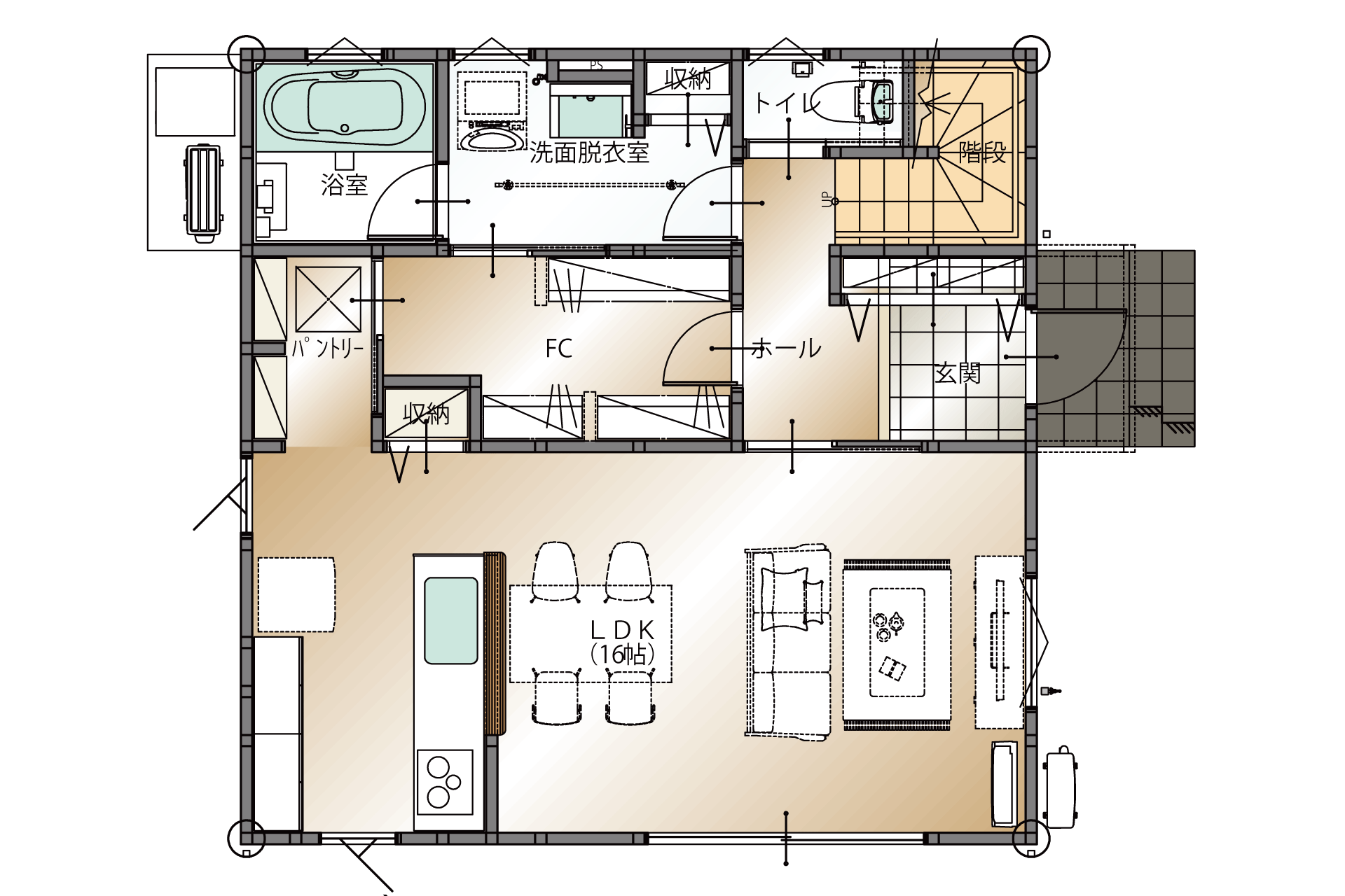 山梨県笛吹市石和町中川A4号棟（建売住宅）の1階平面図