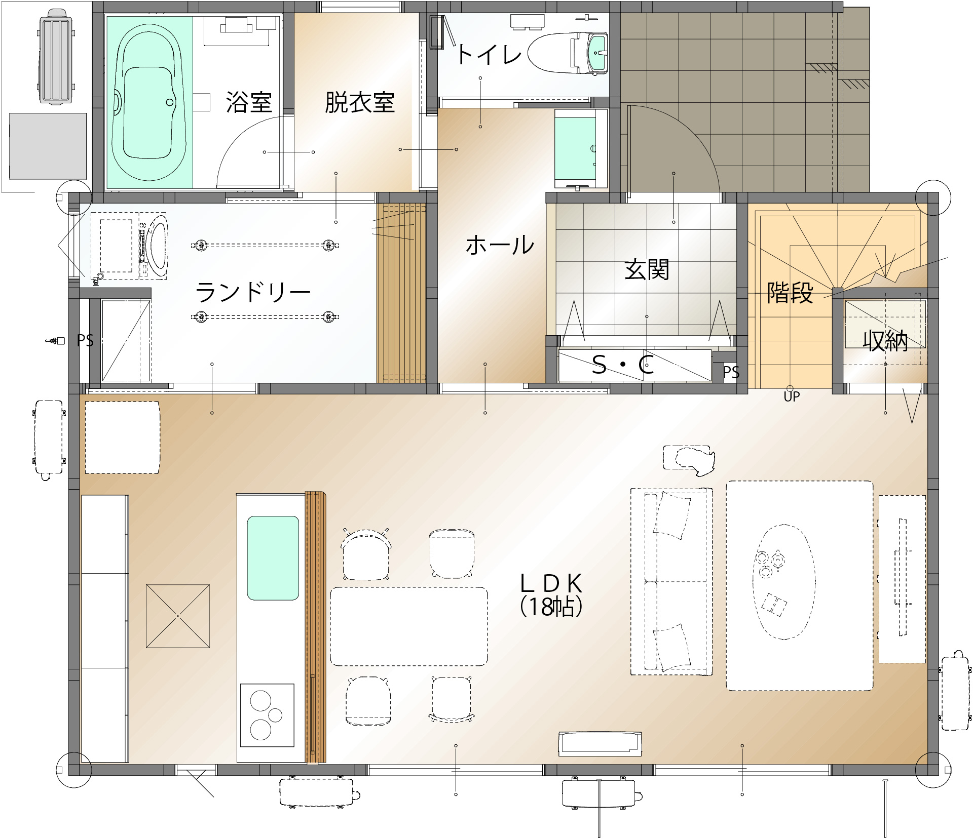 山梨県甲斐市岩森A 3号棟（建売住宅）の1階平面図